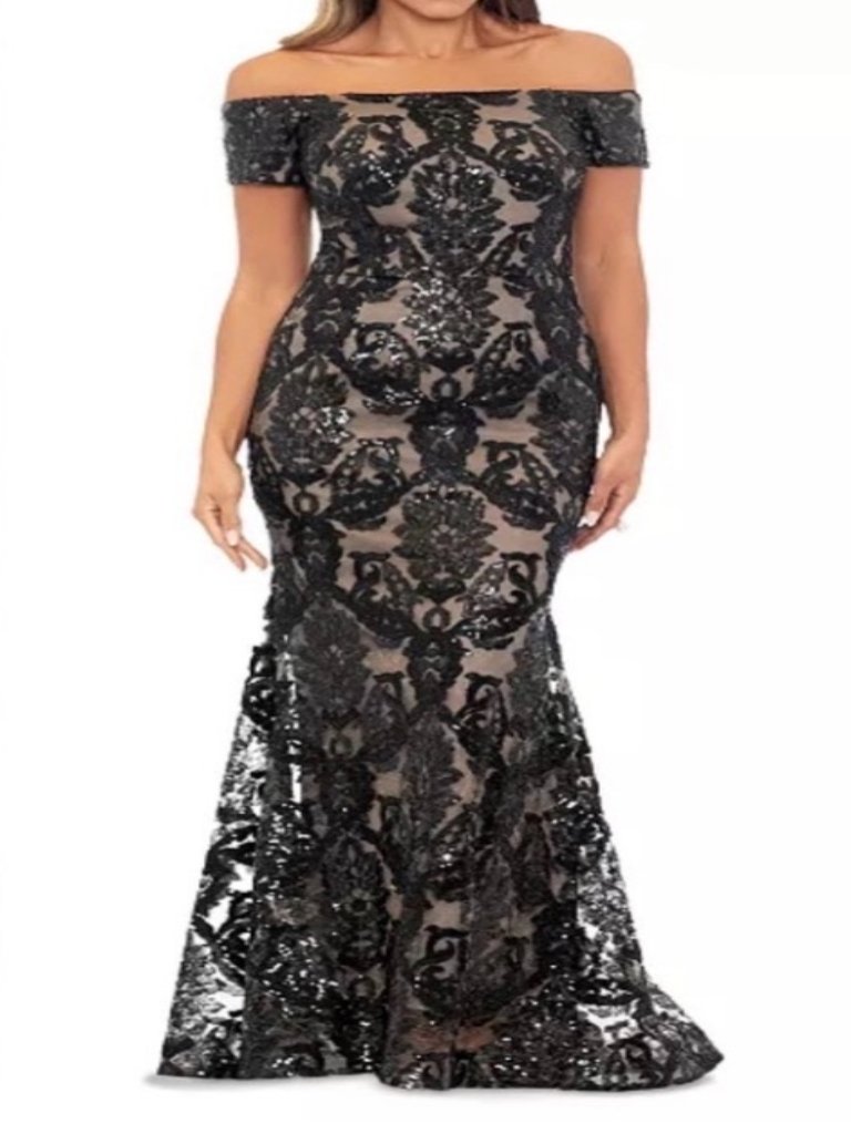 Nwt Xscape Black & Beige Sequin Mermaid Off-The-Shoulder Formal Gown. Size 12.